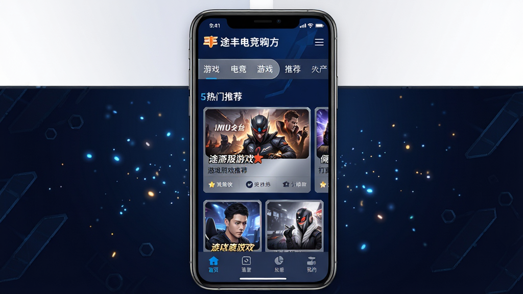 一张展示途丰电竞软件主界面的图片,画面中央是手机屏幕,屏幕内显示途丰电竞APP的首页布局,顶部有游戏分类导航栏,中部为热门游戏账号推荐卡片,底部为功能菜单栏,整体配色以深蓝和科技银为主,背景为电竞风格的暗色渐变,带有微光粒子效果,风格简洁现代,细节清晰,画质高清,干净无多余元素