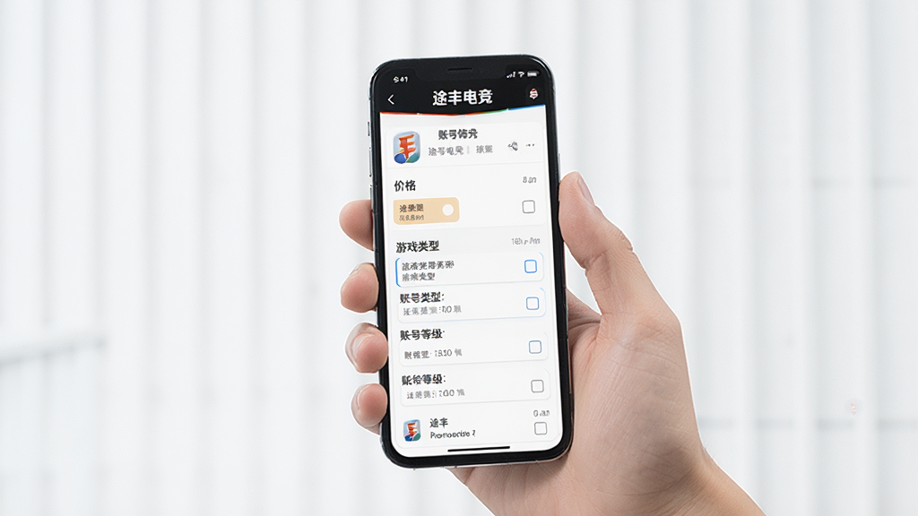 一张展示途丰电竞操作界面的图片,画面中一只手拿着手机,手机屏幕上显示途丰电竞的账号筛选页面,有价格区间、游戏类型、账号等级等筛选选项,背景为浅色简约风格,画面明亮清晰,细节丰富,画质高清,干净无多余元素