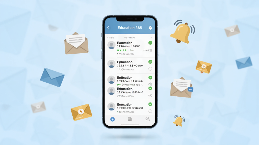 һ��Education 365��У֪ͨ����Ϣ���͹��ܵ�չʾͼ��������һ���ֻ����������룬��Χ�������ŷ�ͼ����������ţ���Ļ����ʾ֪ͨ�б����Ѷ�״̬��ǣ�����Ϊ��͵�ǳ��ɫ���䣬����ƽ����ϸ�ڸɾ�����������