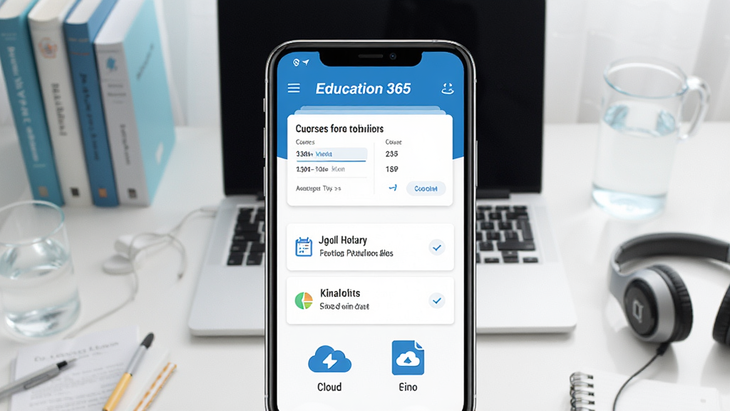һ��չʾEducation 365�ƶ�Ӧ��������ĳ���ͼ�����������������ֻ���Ļ����Ļ�ڳ��ֿγ̱���Ƭ����ҵ�����б��������ļ�ͼ�꣬�����������������ʼǱ����ԣ��������������죬ɫ��������Ϊ����ϸ�ڰ����鱾��ˮ���Ͷ��������������ɾ����޶���Ԫ��