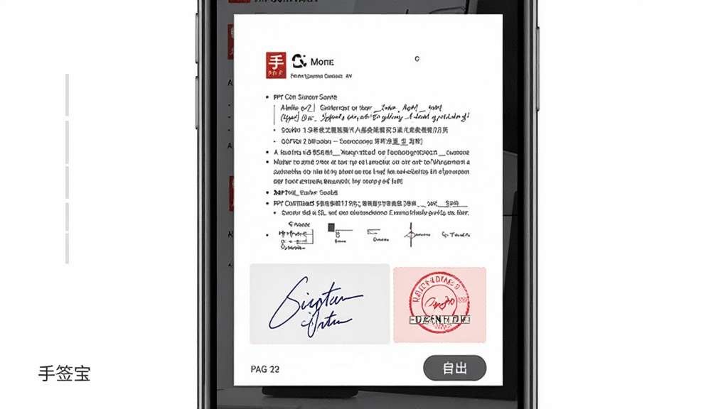 ��ǩ�������ĵ�ǩ���ܽ���ͼ����������Ϊ�ֻ���Ļ��ʾһ��PDF��ͬ�ĵ����ĵ��ײ�����дǩ�������ڴ�������Ϊ�ֻ�����չʾ���Ű�����չʾ�ĵ����ݺ�ǩ��λ�ã����Ϊ����칫���ϸ�ڰ����ĵ�ҳ�롢ǩ�����������������ť�������������ɾ����޶���Ԫ��