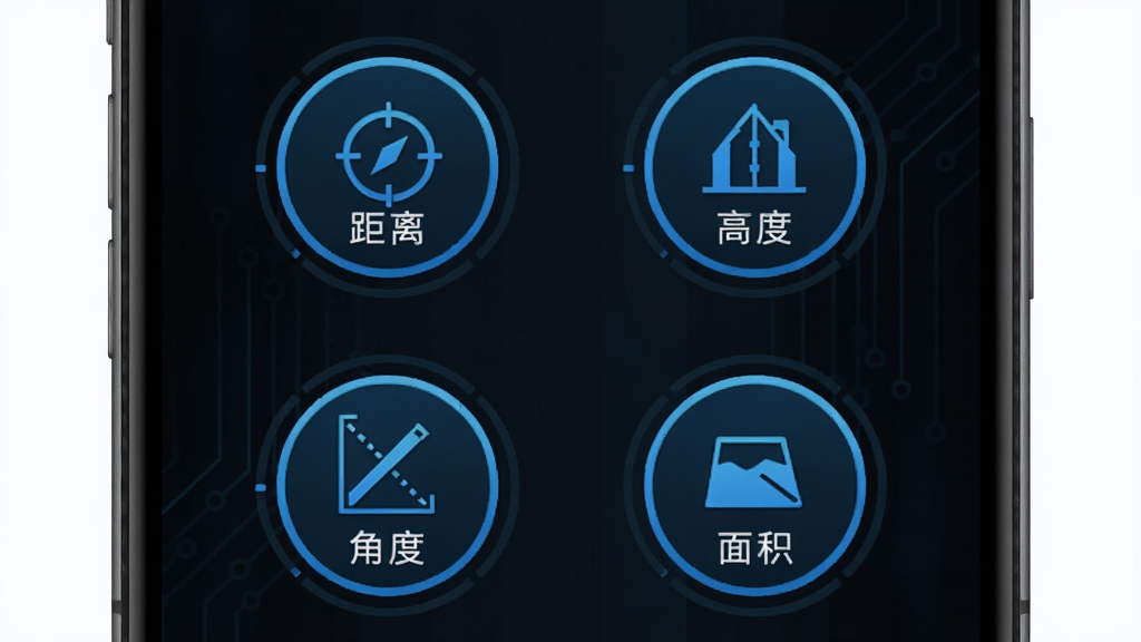 多功能随身精准测距测量仪软件功能界面展示,画面中分列了距离、高度、角度、面积四个圆形图标按钮,界面采用深色主题,科技蓝配色,布局整齐,画质清晰,无多余元素
