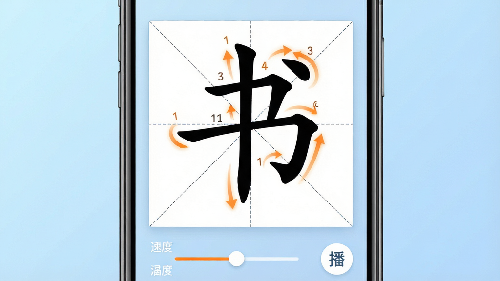 һ��չʾ����ѧд��������˳��ʾ���ܵĽ����ͼ���廭����������Ϊ�ֻ���Ļ�еĺ��֡��顱�����ָ񣬱ʻ���˳�������ʾ�����з����ͷ����Ļ�·����ٶȵ��ڻ������ز���ť������Ϊ�ֻ����С�����Ϊǳ��ɫ���䣬���Ϊ���Ƽ���UIչʾͼ��ϸ�ڰ����ʻ���š����ָ����ߡ������ʻ�Ϊ��ɫ������Ϊ���塢�ɾ����޶���Ԫ��
