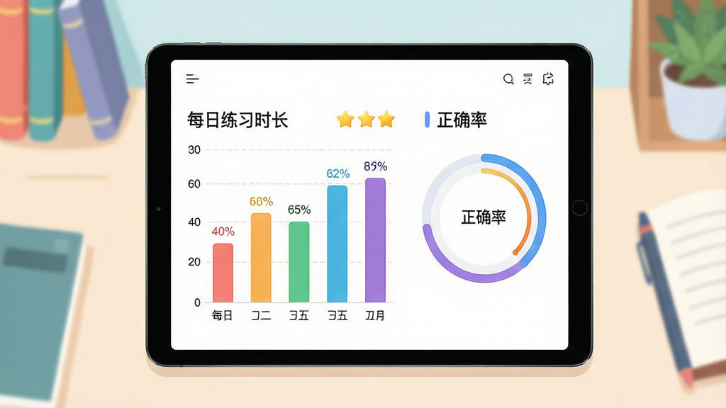 һ��չʾ����ѧд������ѧϰ�������Ĳ廭������Ϊƽ����Ļ��ʾ��״ͼ�뻷�ν���ͼ��ͼ��չʾÿ����ϰʱ������ȷ�ʱ仯���ƣ�����Ϊƽ����С�����Ϊ�������������Ϊ�ִ����ݿ��ӻ����ϸ�ڰ�����ɫ��״�����ٷֱ����֡����ں��ᡢ���ǽ���ͼ�꣬����Ϊ���塢�ɾ����޶���Ԫ��