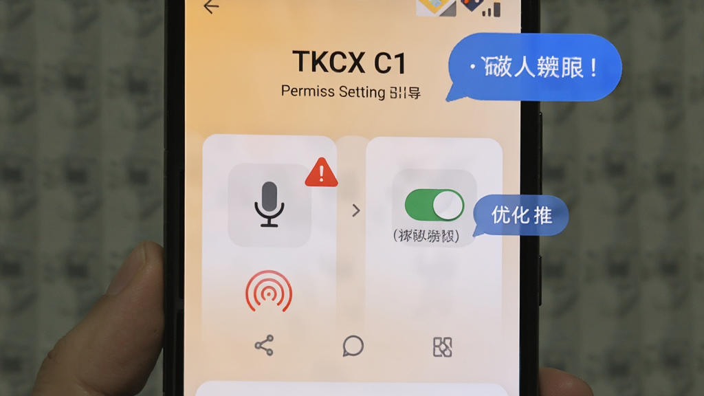 ����չʾһ����׿�ֻ���Ļ��TKCX C1��Ȩ����������ҳ�棬ҳ��������˷�ʹ洢Ȩ�޿���ͼ�꣬�Ա��к�ɫ��ʾ��־����ɫ�Ż���ʾ���ݣ�����Ϊǳ��ɫ����ɫ�Ľ��䣬��������������Ѻ���ʾ�У�ϸ�ڸɾ������ʸ��壬�޶���Ԫ��