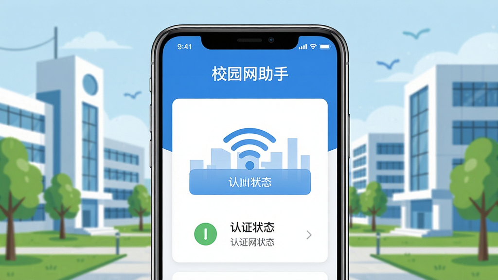 校园网助手是一款手机应用,画面中央展示一部智能手机,手机屏幕上显示“校园网助手”应用界面,界面中包含WiFi连接按钮和认证状态指示,背景为现代大学校园场景,有教学楼和绿树,整体布局简洁清晰,采用扁平化设计风格,色彩以蓝色和白色为主,细节表现应用图标和网络信号标识,画质高清,画面干净,无多余元素