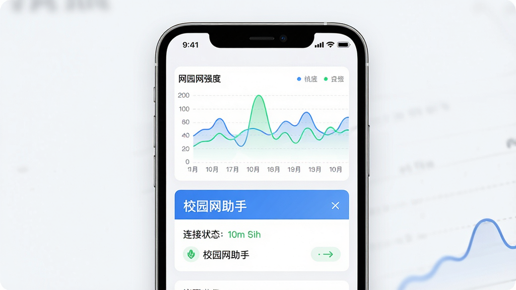 校园网助手网络监测界面,画面主体为手机屏幕显示网络信号强度图表和“校园网助手”状态面板,布局为上下结构排版,风格为现代数据可视化风格,细节表现波形图和连接状态文字,画质高清,画面干净,无多余元素
