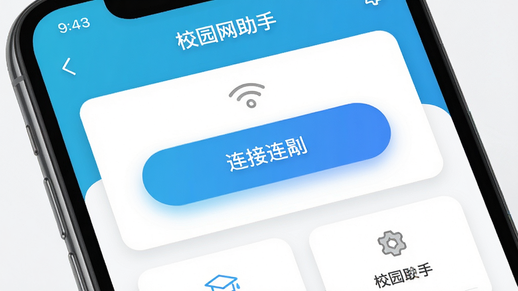 校园网助手操作界面展示,画面为手机屏幕显示“校园网助手”主界面,包含大号连接按钮和简洁的功能菜单,布局为居中卡片式排版,风格为极简主义设计,细节表现按钮光影和图标线条,画质高清,画面干净,无多余元素
