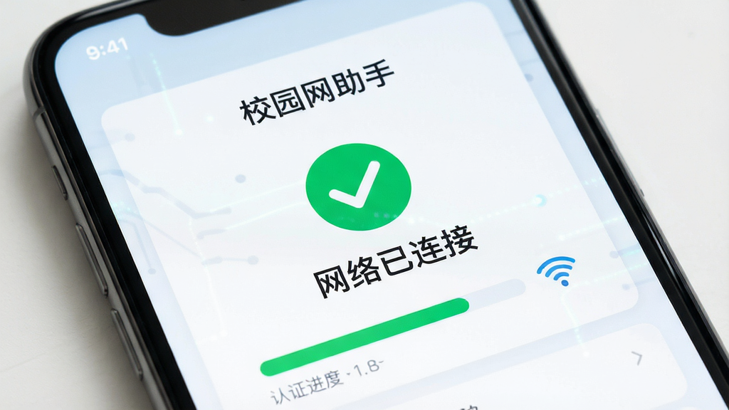 校园网助手应用界面展示,画面主体为手机屏幕特写,屏幕上显示“校园网助手”自动认证成功的提示界面,包含绿色对勾图标和网络已连接文字,布局为居中排版,风格为科技感扁平设计,细节表现认证进度条和WiFi信号图标,画质高清,画面干净,无多余元素