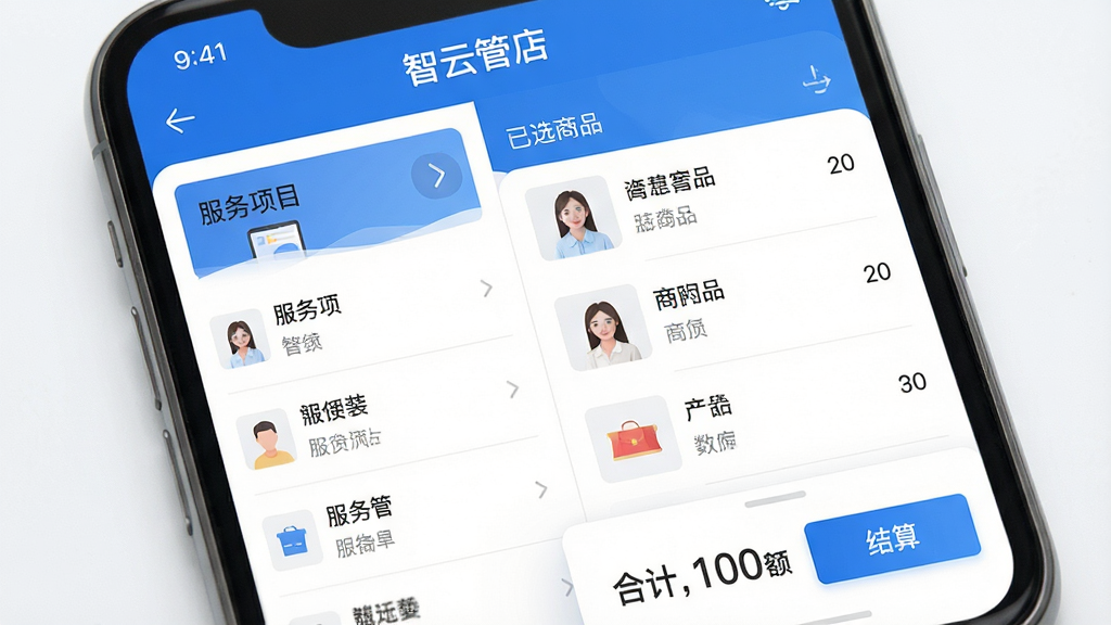 �ֻ�Ӧ�ý�����д�����������ǡ����ƹܵꡱ�Ŀ���ҳ�棬���Ϊ������Ŀ�б����Ҳ�Ϊ��ѡ��Ʒ�嵥���ײ���ʾ�ϼƽ������㰴ť��������ɫΪ��������磬�����ɾ����������������Ϊ��ƽ��UIչʾ��ϸ�ھ��£����ʸ��塢�ɾ����޶���Ԫ��