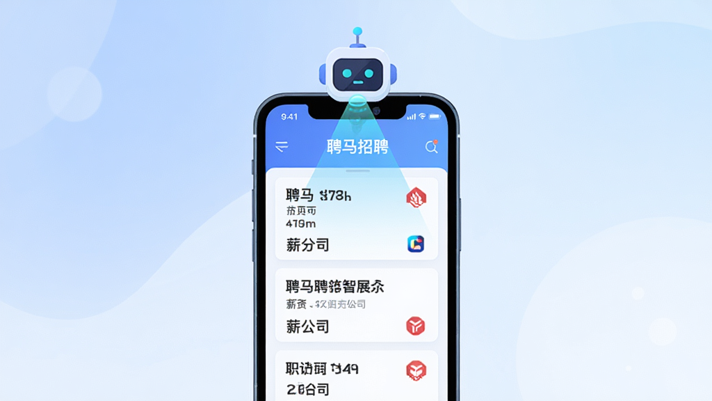 Ƹ����Ƹ�����Ƽ�����չʾͼ����������Ϊ�ֻ���Ļ��ʾƸ����ƸAPP���Ƽ�ҳ�棬ҳ�����ж���ְλ��Ƭ�������У���Ƭ����ʾְλ���ơ�н�ʷ�Χ�͹�˾logo����Ļ�Ϸ���һ��AI������ͼ��������Ƭ���͹�������������ƥ�䣬����Ϊ��͵����׽��䣬���ֲ��þ��й�ͼ�����Ϊ�Ƽ��б�ƽ�廭��ϸ��ͻ��ְλ��Ƭ��AIͼ�꣬���ʸ��壬�ɾ��޶���Ԫ�أ�ͼƬ�����ֱ�ע��Ƹ����Ƹ��