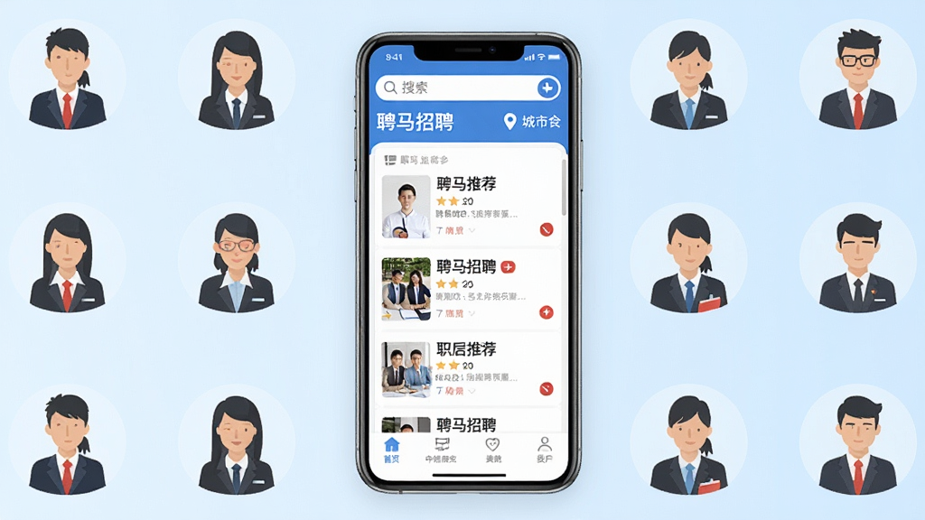 Ƹ����Ƹ����������ȫòչʾ������������һ�������ֻ�����Ļ��ʾƸ����ƸAPP����ҳ���������������ͳ��ж�λ���в�Ϊְλ�Ƽ��б����ײ��е����˵���������Ϊ����ɫ���䣬��Χ�����Ÿ���ְҵ�����Сͼ�꣬�����������죬�����������Ű��������ƽ����Ʒ��ϸ�ھ��£����ʸ��壬�ɾ��޶���Ԫ�أ�ͼƬ�����ֱ�ע��Ƹ����Ƹ��