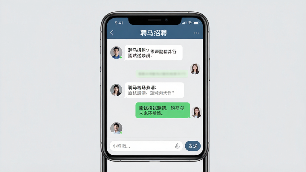 Ƹ����Ƹ���߹�ͨ����չʾͼ������չʾ�ֻ���Ļ��Ƹ����ƸAPP�����촰�ڣ����Ϊ��ְ��ͷ�����Ϣ���ݣ��Ҳ�Ϊ��ҵHRͷ�����Ϣ���ݣ���������Ϊ�������룬��Ļ�·��������ͷ��Ͱ�ť������Ϊǳ��ɫ������Ϊ���½ṹ�����ΪдʵUI���棬ϸ������չʾ�������ݺͰ�ť�����ʸ��壬�ɾ��޶���Ԫ�أ�ͼƬ�����ֱ�ע��Ƹ����Ƹ��