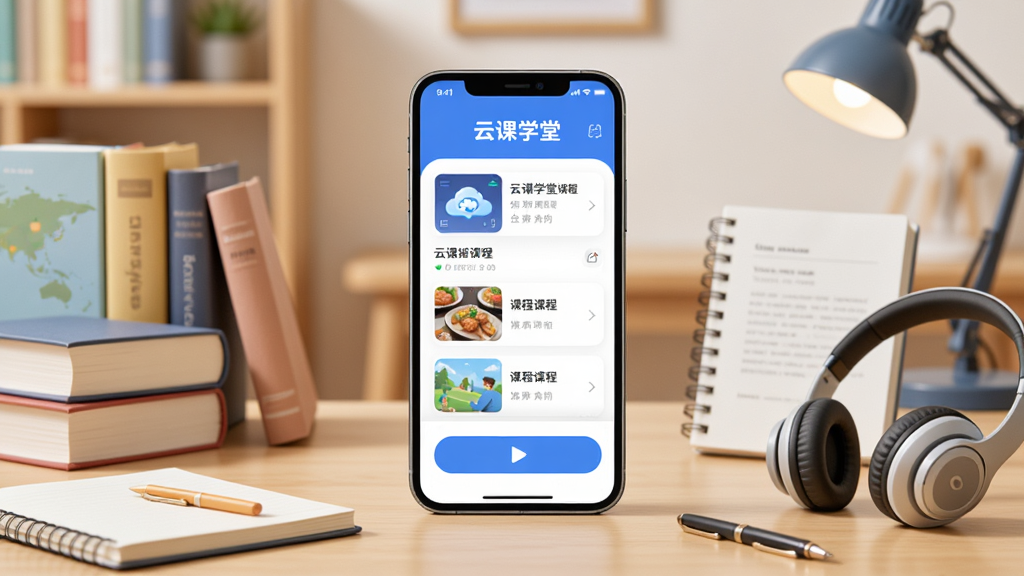 ��������һ�������ֻ�����Ļ����ʾ���ƿ�ѧ�á�APP���棬�������пγ��б��Ͳ��Ű�ť���ֻ���Χ�������鼮���ʼǱ���������ѧϰԪ�أ���������͵��鷿���������ֲ������Ĺ�ͼ�����Ϊ�ִ���ƽ�Ƽ��磬ϸ�����������ʸ��壬�ɾ����޶���Ԫ��