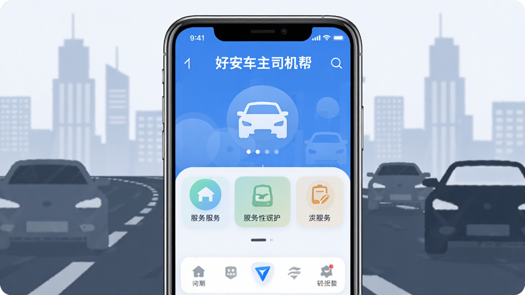 画面中央放置一部智能手机,手机屏幕上显示“好安车主司机帮”应用主界面,界面包含车辆图标、服务入口与导航栏,背景为城市道路与汽车剪影,布局采用居中构图,风格为扁平化科技风,细节上手机边缘有轻微高光,界面文字清晰可辨,画质高清,画面干净,无多余元素