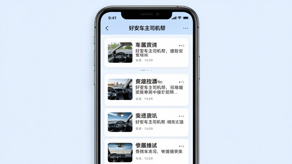 手机竖屏显示“好安车主司机帮”资讯列表页,列表中有多条图文消息,背景为淡蓝色,布局为居中列表式,风格为现代简约风,细节上每条资讯左侧有小缩略图,文字清晰,画质高清,画面干净,无多余元素