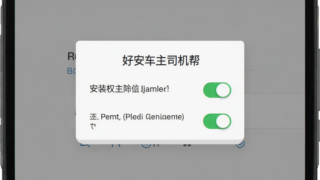 一部安卓手机屏幕显示“好安车主司机帮”安装权限设置界面,界面中有权限开关与提示文字,背景为浅灰色,布局为居中弹窗式,风格为扁平化设计,细节上开关按钮有绿色高亮,文字清晰,画质高清,画面干净,无多余元素