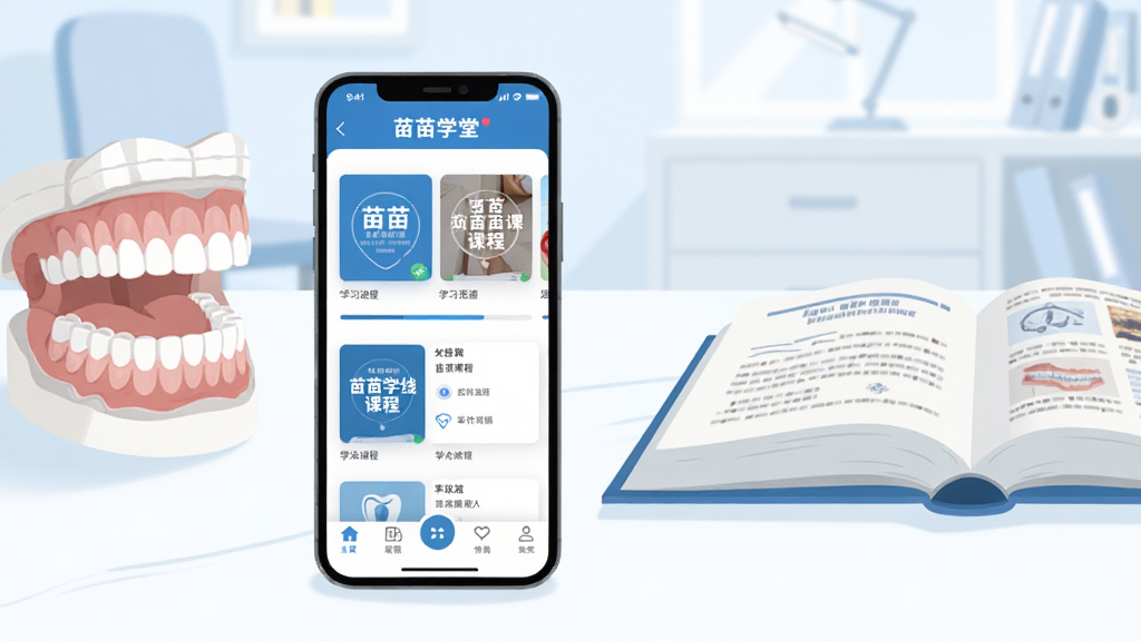 һ��չʾ��ǻҽѧ����ѧϰ������ͼƬ������������һ�������ֻ���Ļ��ʾ����ѧ��APP�Ŀγ��б����棬�ֻ�����������İ�ɫ�����ϣ��Ա߰ڷ��ſ�ǻ����ģ�ͺ�һ��������ҽѧ�̲ģ����������������ڻ���������������¼�Լ�ı�ƽ���廭���ɫ������ɫ�Ͱ�ɫΪ������ϸ�ڰ����ֻ���Ļ�ϵĿγ̷�������ͼ��ѧϰ�������͵ײ������������������ɾ����޶���Ԫ��