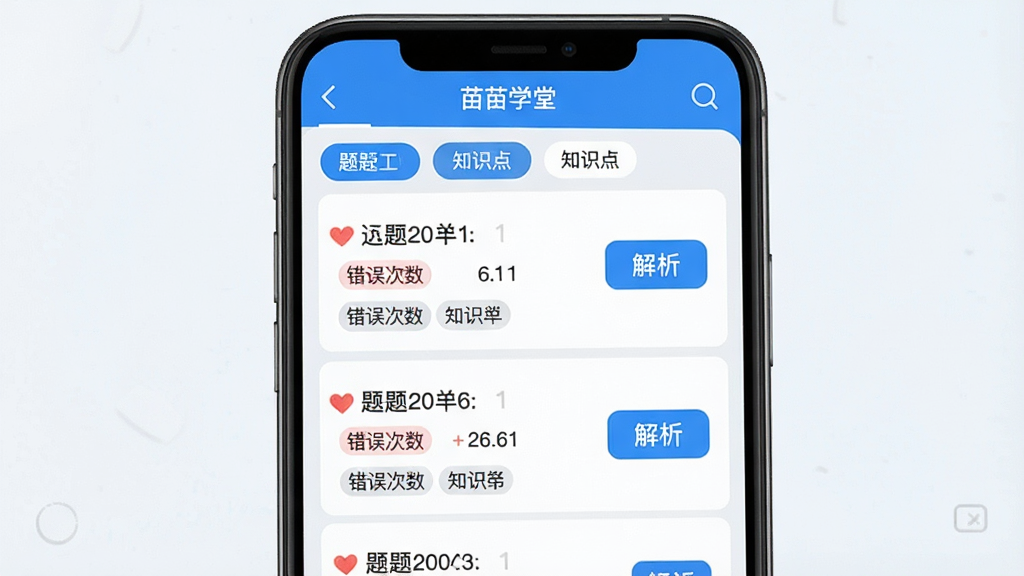 һ��չʾ����ѧ��APP���Ȿ���ܵ��ֻ������ͼ���ͼƬ�������������ֻ���Ļ��ʾ�����б�ҳ�棬ÿ�������Ա��к�ɫ��Ǻͽ�����ť����Ļ�Ϸ���ɸѡ��ǩ�������岼������������ǳɫ����������ɫ������ť��UI��Ʒ��ϸ�ڰ�����Ŀ��š��������ͳ�ƺ�֪ʶ���ǩ�����������ɾ����޶���װ��Ԫ��