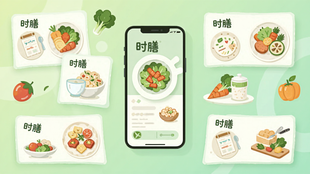 һ����ƽ���廭������������һ���ֻ����ֻ���Χ�����Ÿ��ֲ��׿�Ƭ��ʳ��ͼ�꣬��Ƭ��д�С�ʱ�š�����������Ϊ����ɫ���䣬�������࣬������£�ϸ�ڷḻ�����ʸɾ����޶���Ԫ��