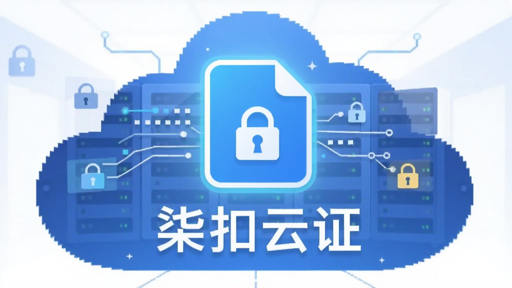 云端服务器机房的抽象插画,画面中央漂浮一个发光的文件图标,图标下方有“柒扣云证”字样,主体位于画面中心,布局为上下结构,风格为科技感扁平插画,细节包含数据流线条、锁形标识、云朵轮廓,画质清晰,干净,无多余元素
