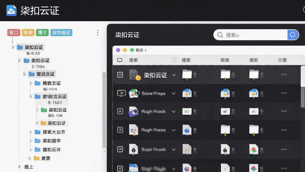 数字文件管理界面的概念图,画面左侧为文件夹树状结构,右侧为文件列表,顶部有“柒扣云证”标题,主体为界面布局展示,排版为左右分栏,风格为简洁商务风,细节包含标签色块、搜索框、文件图标,画质清晰,干净,无多余元素