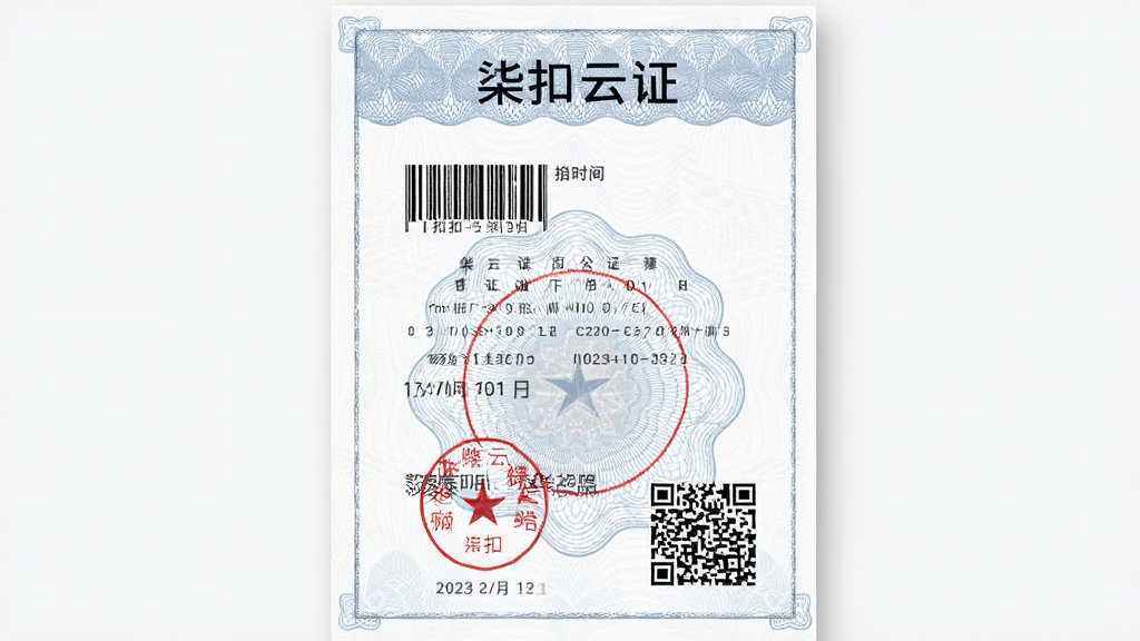 一份带有印章和二维码的电子证明文件展示图,文件抬头有“柒扣云证”字样,主体为文件正面,布局为居中展示,风格为正式公文风格,细节包含条形码、时间戳、防伪底纹,画质清晰,干净,无多余元素