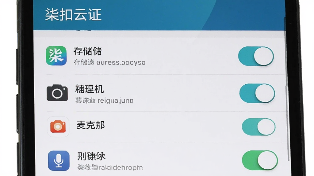 手机屏幕显示应用权限设置页面,页面中有存储、相机、麦克风等权限开关,顶部有“柒扣云证”应用名称,主体为设置界面,布局为列表式,风格为系统原生UI风格,细节包含权限图标、开关按钮、文字说明,画质清晰,干净,无多余元素