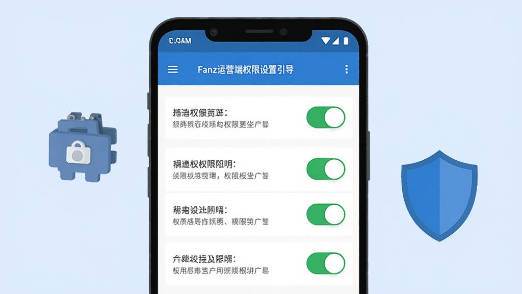 一部安卓手机展示Fanz运营端的权限设置引导页面,屏幕内显示权限开关列表和说明文字,手机旁边有设置图标和盾牌图标作为装饰,风格为扁平化插画,细节上突出权限开关的绿色开启状态和文字说明的清晰排版,画质干净,背景为浅蓝色,无多余元素