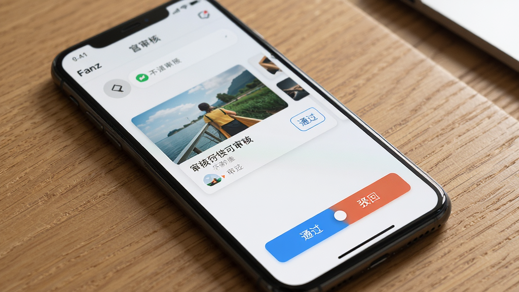 手机屏幕展示Fanz运营端的内容审核页面,界面中有待审核的图文卡片、通过和驳回按钮,画面采用正面平视角度,手机放置在木质桌面上,风格为真实场景产品图,细节上突出审核按钮的视觉反馈和卡片内容的排版,画质干净清晰,光线柔和,无多余装饰