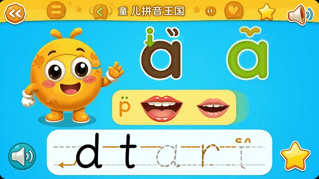 ��ͯƴ�����������е���ƴ����ĸ�Ķ�����ѧҳ�棬���������˻�����ĸa��ͨ���󣬲���Ϊ�Ϸ�����ĸ�������м��Ƿ�������ʾ��ͼ���·�����д��˳�켣�����Ϊ������ͨ�磬ϸ�ڰ���������ť������ͼ�ꡢ���ǽ��������ʸ��壬�ɾ����޶���Ԫ��