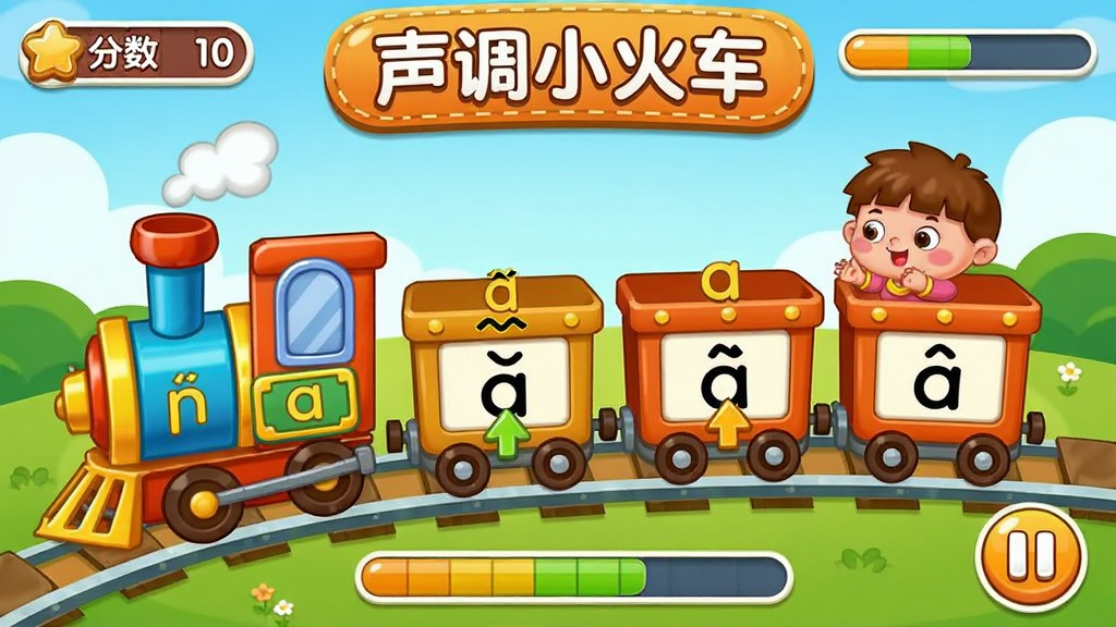 ��ͯƴ��������Ϸ�����ؽ��棬�����ǡ�����С�𳵡���Ϸ����������Ϊ����������Ŵ����������ŵ�ƴ�����ᣬ�����轫��ȷ�����������Ӧλ�ã����Ϊ���ÿ�ͨ��Ϸ�磬ϸ�ڰ���������ʾ������������ͣ��ť�����ʸ��壬�ɾ����޶���Ԫ��