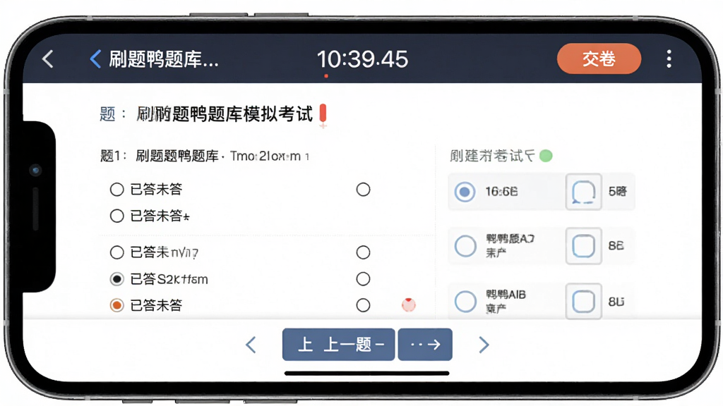 ˢ��Ѽ���ģ�⿼�Խ��棬�ֻ�������ʾ������Ŀ����⿨�������е���ʱ�ͽ�����ť���ײ�����һ����һ�⵼������Ŀ���������ѡ��ѡ�����Ϊ��ɫ�������ʽ�Ͻ���ϸ�ڰ�����ű�����Ѵ�δ��״̬���֣����ʸ��壬�ɾ����޶���Ԫ��