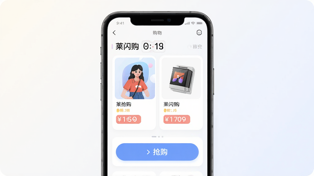 ������һ���ֻ���Ļչʾ����APP���棬����Ϊ���з����ֻ�����Ļ����ʾ��ʱ������Ʒ��Ƭ�뵹��ʱԪ�أ��Ű������½ṹ�����Ϊ�ִ���ƽ���Ƽ��У�ϸ�ڰ�����Ʒ����ͼ���۸��ǩ��������ť�����ʸ���ɾ��޶���Ԫ�أ�����Ϊǳɫ���䣬�����Ӿ���ˬ��ͼƬ������Ϊ����������