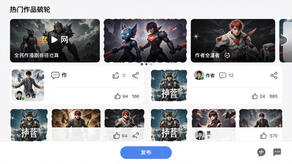 ȫ�������������ҳ�棬������������Ʒ�ֲ�ͼ���·���˫����Ʒ��Ƭ��ÿ����Ƭ�з��桢���⡢����ͷ��͵��������ײ��з�����ť����Ϣͼ�꣬����Ϊ���½ṹ�����Ϊ�罻Ӧ�÷��ϸ�ڰ����������ݡ�����ͼ�ꡢ���а��ǩ�����ʸ��壬�ɾ����޶���Ԫ��