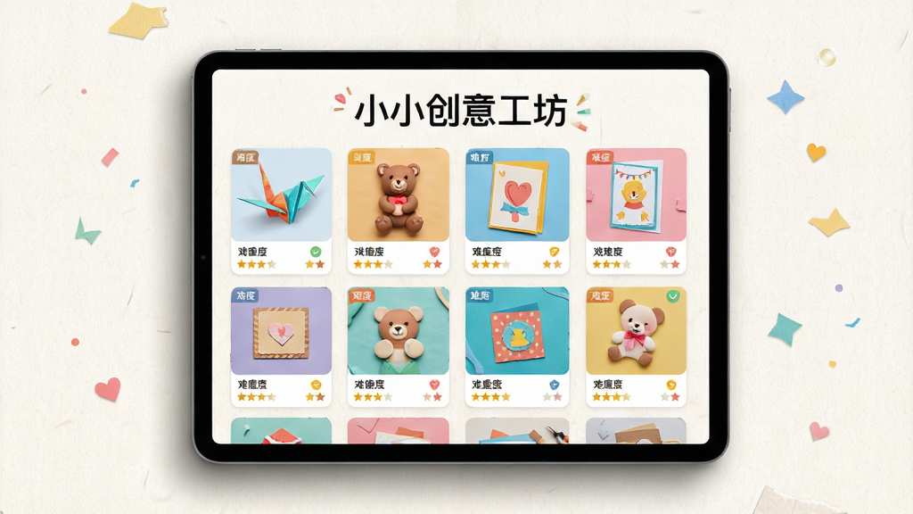 主体为一块平板电脑屏幕,屏幕上展示着排列整齐的手工模板缩略图,包括折纸鹤、黏土小熊、手工贺卡等;布局为网格状排列,屏幕四周有柔和的阴影;排版上方有