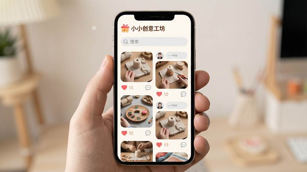 主体为一部智能手机,屏幕上展示一个手工社区页面,页面中有多个用户上传的手工作品图片,每张图片下方有点赞和评论图标;布局为瀑布流排列,手机竖屏展示;排版顶部有