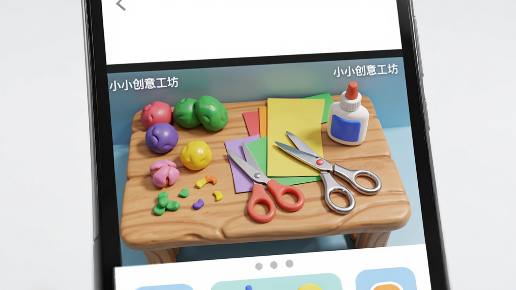 主体为一部安卓手机屏幕,屏幕上显示一个小巧精致的手工工作台场景,桌面上摆放着彩色黏土、剪刀、彩纸和胶水;布局采用居中构图,手机微微倾斜展示;排版上方留白,下方展示软件界面;风格为清新卡通3D渲染;细节包括工作台上的木纹质感、黏土的光泽、剪刀的金属反光,屏幕角落有
