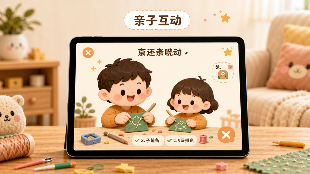 主体为一台平板电脑放在木质桌面上,屏幕显示亲子手工界面,画面中有一大一小两个卡通人物正在一起做手工;布局为横向展示,平板居中,背景有温馨的家居元素;排版上方有