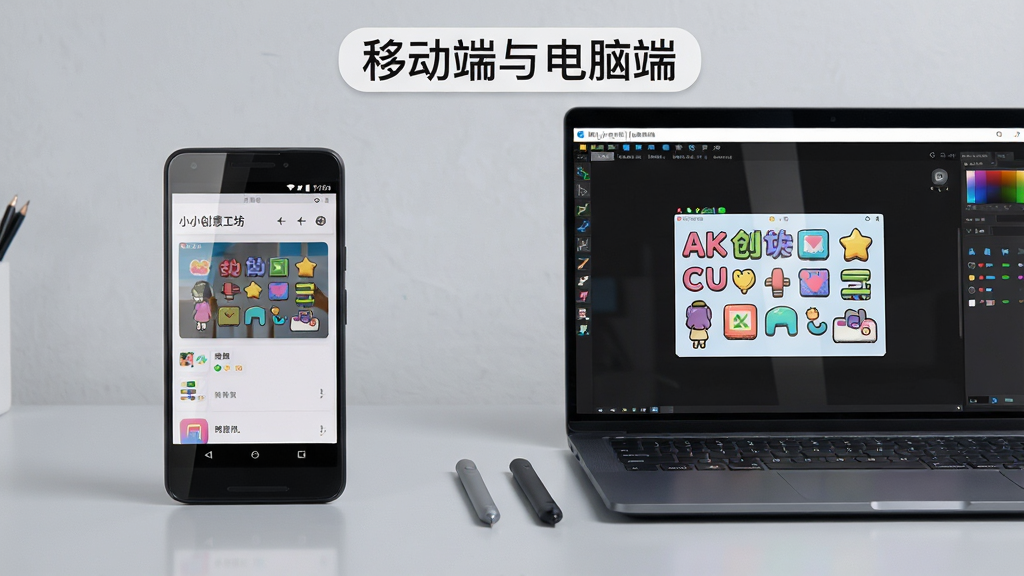 主体为一部安卓手机和一台笔记本电脑并排放在桌面上,手机屏幕显示小小创意工坊的创作界面,电脑屏幕显示模拟器运行同一应用;布局为左右对比构图,背景为简洁的浅灰色桌面;排版上方有