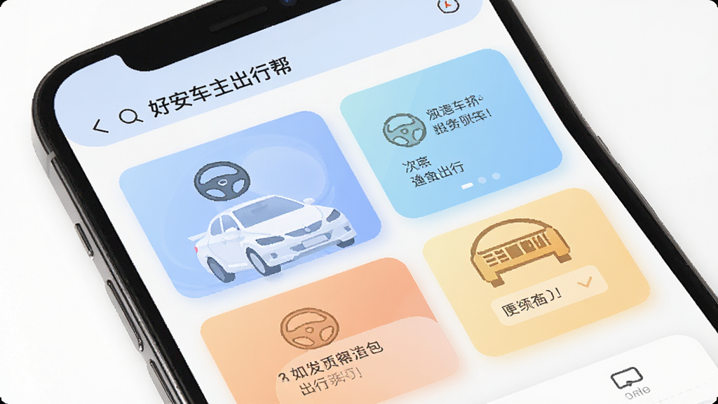一张手机应用界面图片,展示“好安车主出行帮”的信息查询页面,屏幕上有多个查询入口卡片,分别标注不同类别的出行信息,界面风格清爽,配色柔和,布局合理,画质干净,无杂乱元素。