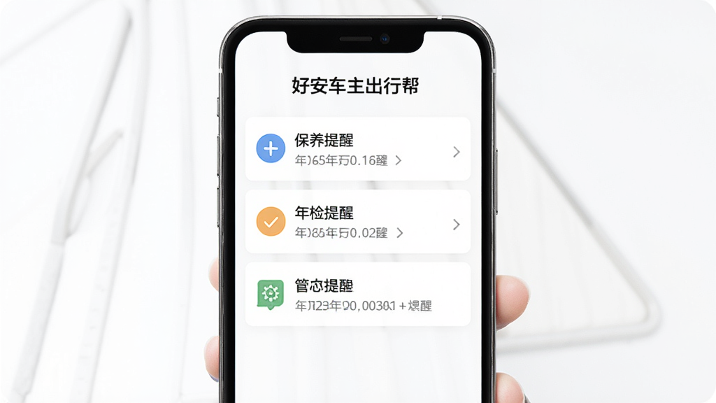 一张展示“好安车主出行帮”车辆事务提醒页面的图片,手机屏幕上显示保养提醒、年检提醒等条目,每条记录前有小图标标识,界面背景为白色,文字清晰,排版整齐,画质干净,风格简约实用。