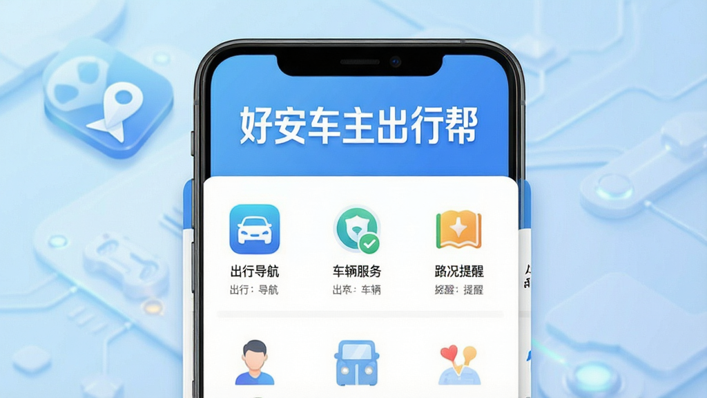 一张展示智能手机界面的图片,画面中央是一部竖屏手机,屏幕内显示“好安车主出行帮”应用首页,页面顶部有醒目的软件名称文字“好安车主出行帮”,下方排列着出行导航、车辆服务、路况提醒等功能图标,整体布局简洁清晰。背景为浅蓝色渐变,风格现代科技感,细节精致,画质干净,无多余元素,适合软件下载站展示。