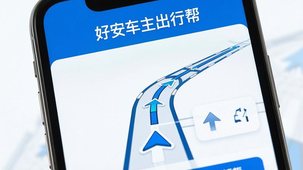 一张手机屏幕特写图片,画面中展示“好安车主出行帮”的路线辅助界面,屏幕上有模拟的道路线条与方向箭头,界面配色为蓝白相间,顶部显示“好安车主出行帮”字样,整体风格清晰直观,布局规整,画质干净,适合作为功能介绍配图。