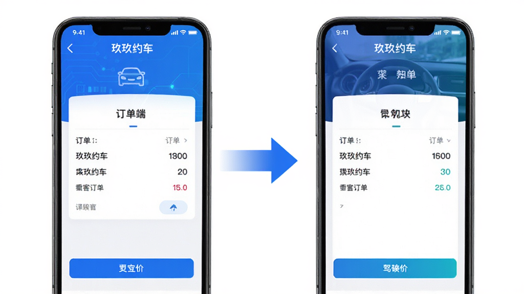 分屏画面,左侧是“玖玖约车”乘客端订单页面,右侧是司机端接单页面,中间用箭头连接表示数据同步,采用科技感蓝色调,布局清晰,画质干净
