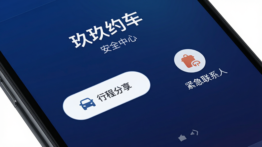 手机屏幕特写显示“玖玖约车”的安全中心页面,包含行程分享按钮和紧急联系人图标,背景为深蓝色渐变,风格稳重,细节精致,画质干净,无多余元素