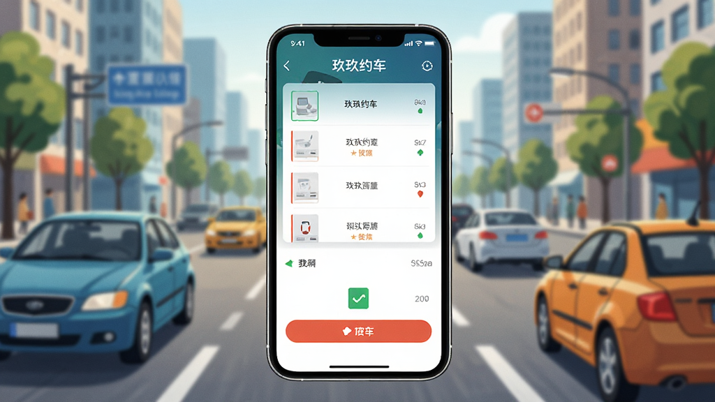 画面中央放置一部智能手机,手机屏幕上显示“玖玖约车”APP的叫车界面,背景是城市道路与行驶的车辆,采用明亮写实的插画风格,细节清晰,画质干净,无多余元素,排版居中对称