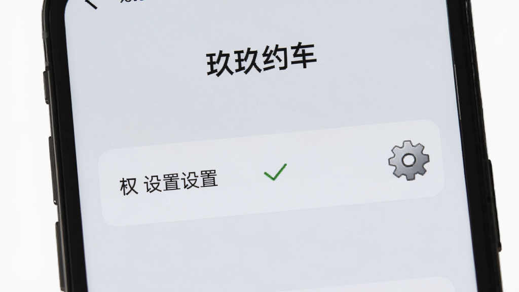 手机屏幕显示“玖玖约车”的权限设置界面,旁边有勾选标记和齿轮图标,背景为浅灰色,风格简洁,布局清晰,画质干净,无多余元素