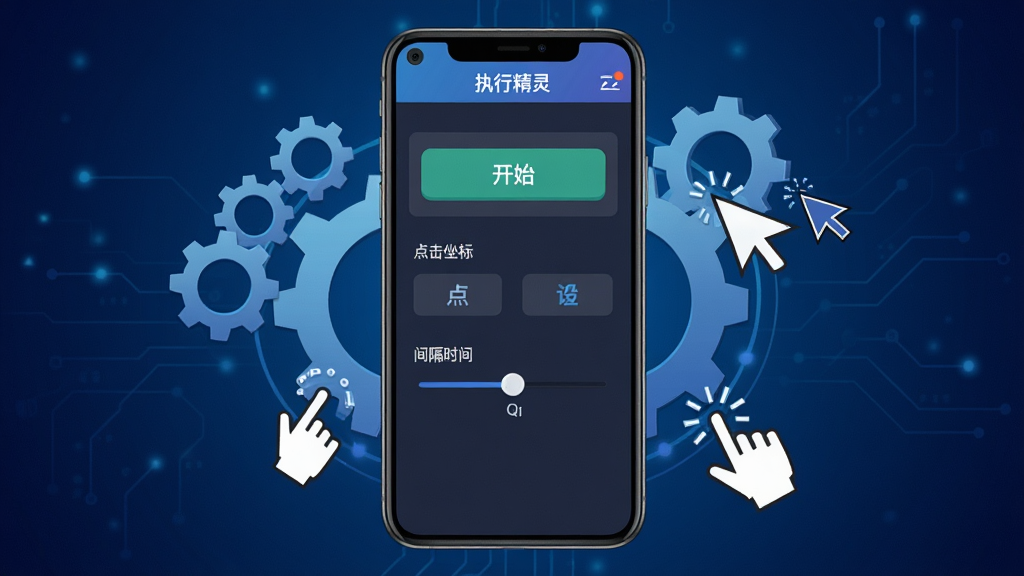 一张展示自动点击器(执行精灵)软件主界面的图片,画面中央是手机屏幕,屏幕上显示自动点击器(执行精灵)的操作面板,面板上有开始按钮、点击坐标设置、间隔时间调节等控件,手机周围环绕着齿轮、鼠标指针、点击手势等科技元素,背景为深蓝色渐变,整体风格简洁科技感,排版居中,画质清晰,干净,无多余元素