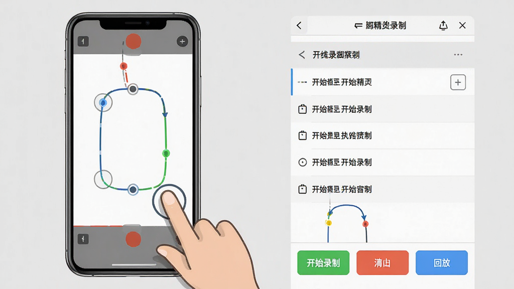 一张展示自动点击器(执行精灵)脚本录制功能的图片,画面左侧是手机屏幕显示录制中的点击轨迹,右侧是软件界面显示已录制的步骤列表,有开始录制、停止、回放等按钮,画面中有手指点击屏幕的动画示意,背景为浅灰色,风格简洁明快,排版左图右文,画质清晰,干净,无多余元素